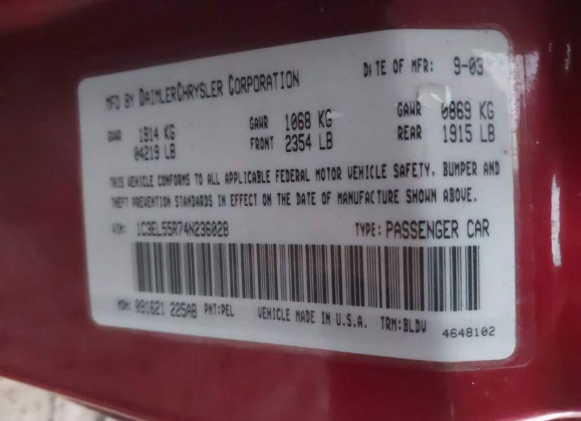 Photo 9 of 2004 Chrysler Sebring LXI (VIN 1C3EL55R74N236028)