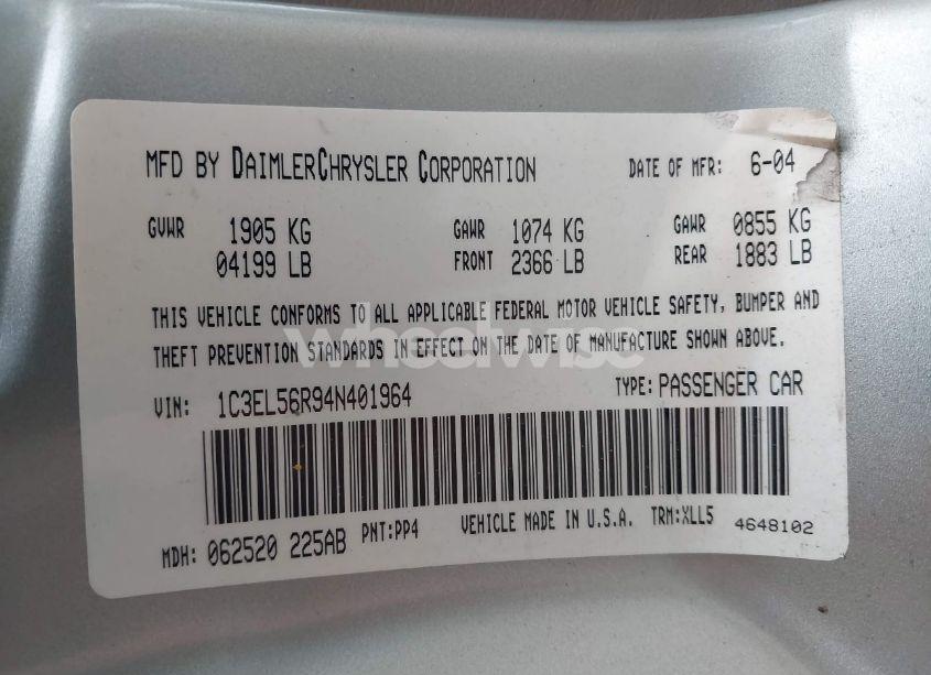 Photo 9 of 2004 Chrysler Sebring LXI (VIN 1C3EL56R94N401964)