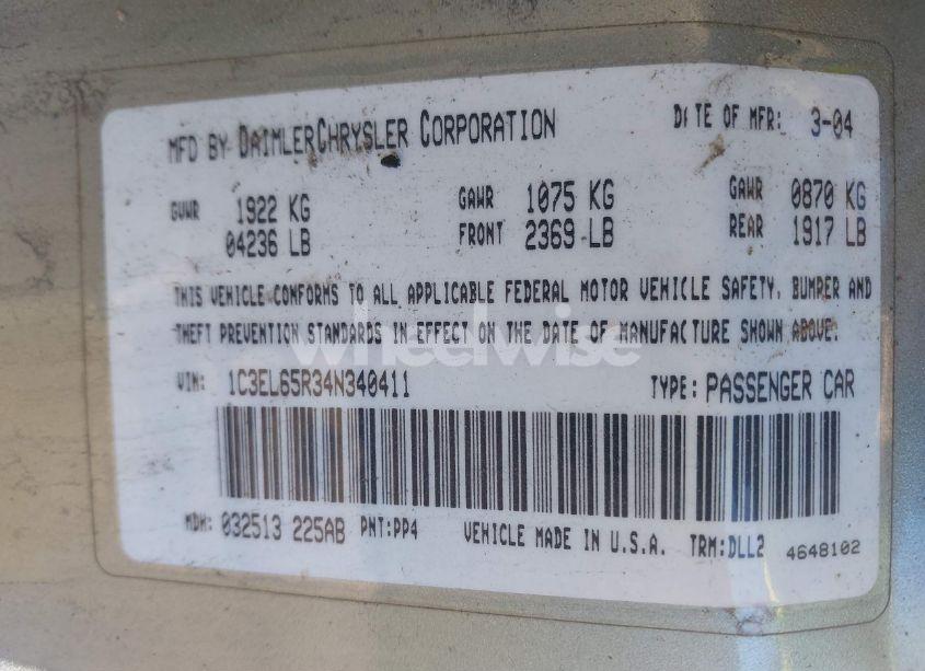 Photo 9 of 2004 Chrysler Sebring LIMITED (VIN 1C3EL65R34N340411)