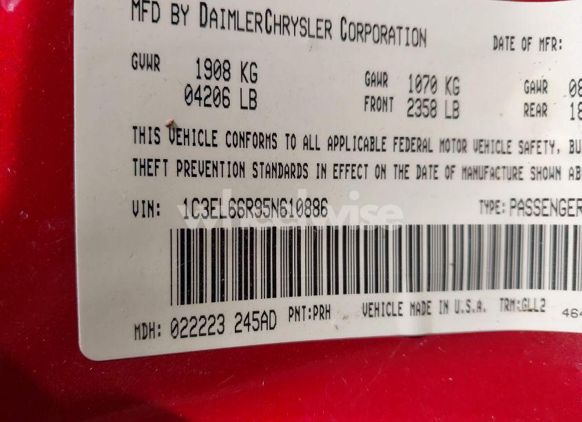 Photo 9 of 2005 Chrysler Sebring LIMITED (VIN 1C3EL66R95N610886)