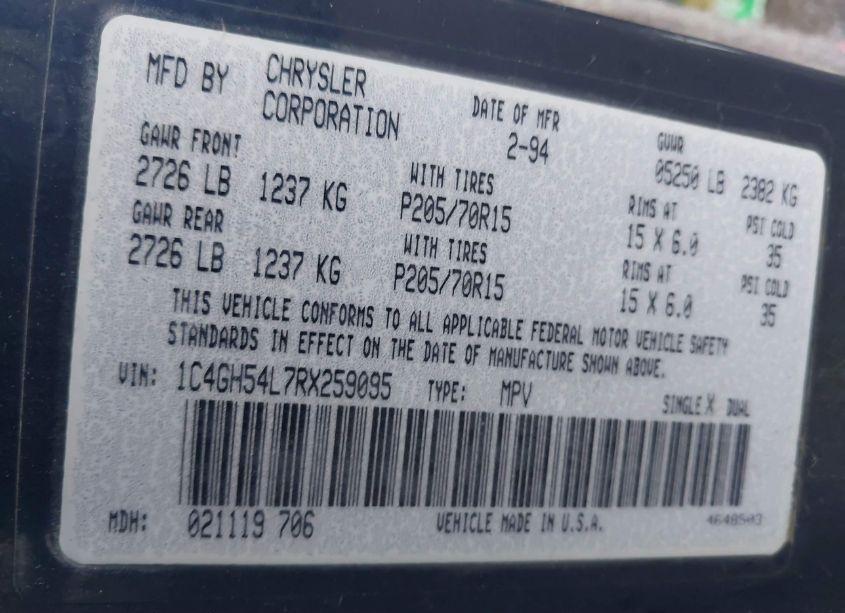 Photo 9 of 1994 Chrysler Town & COUNTRY (VIN 1C4GH54L7RX259095)