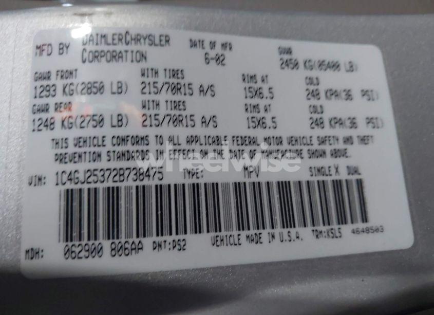 Photo 9 of 2002 Chrysler Voyager (VIN 1C4GJ25372B738475)