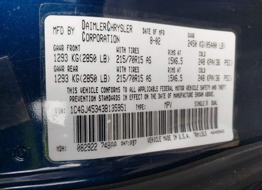 Photo 9 of 2003 Chrysler Voyager LX (VIN 1C4GJ45343B135951)