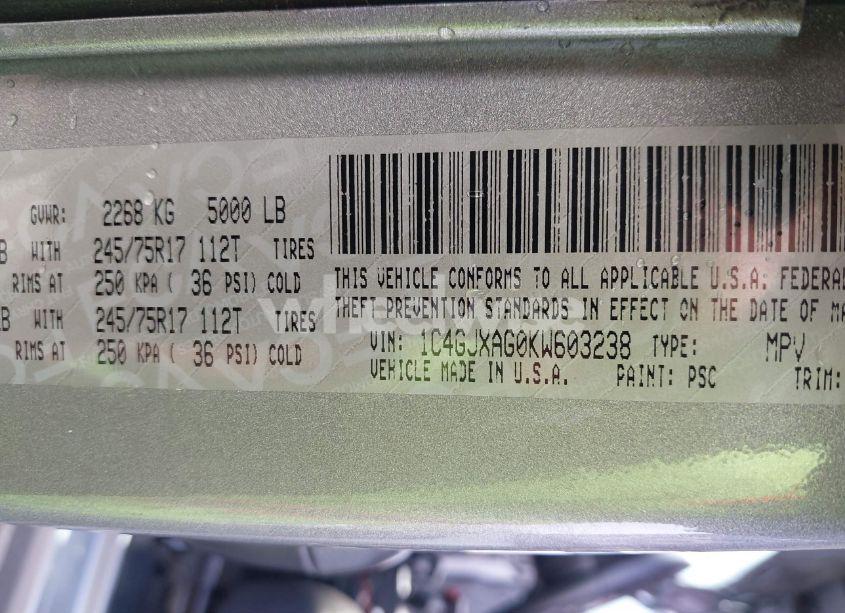 Photo 9 of 2019 Jeep Wrangler SPORT S 4X4 (VIN 1C4GJXAG0KW603238)