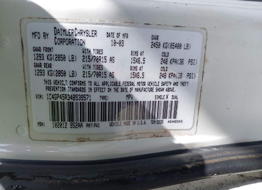 Photo 9 of 2004 Chrysler Town & COUNTRY (VIN 1C4GP45R34B539571)