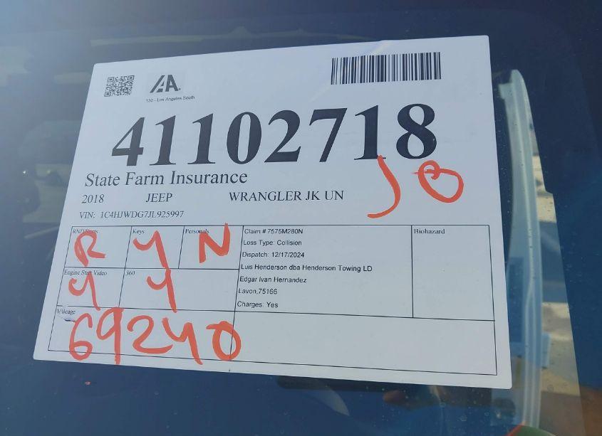 Photo 18 of 2018 Jeep Wrangler JK UNLIMITED SPORT S 4X4 (VIN 1C4HJWDG7JL925997)