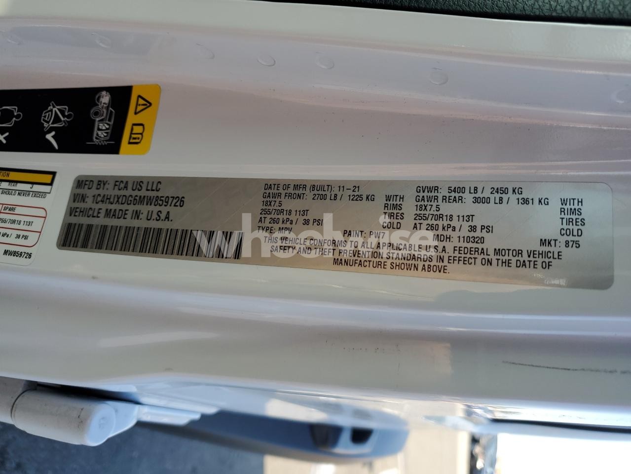 Photo 14 of 2021 JEEP WRANGLER UNLIMITED SPORT (VIN 1C4HJXDG6MW859726)