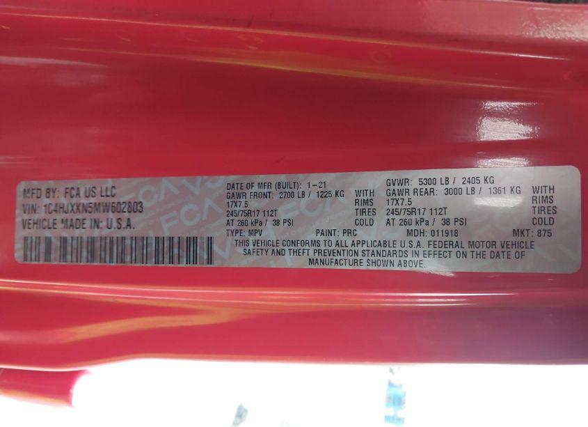 Photo 9 of 2021 Jeep Wrangler UNLIMITED SPORT RHD 4X4 (VIN 1C4HJXKN5MW602803)