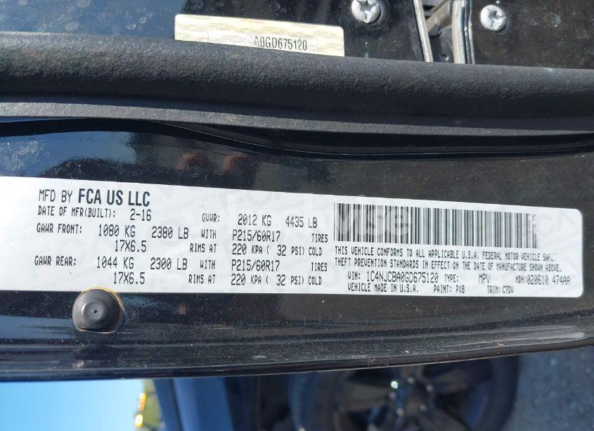 Photo 9 of 2016 Jeep Compass SPORT (VIN 1C4NJCBA0GD675120)