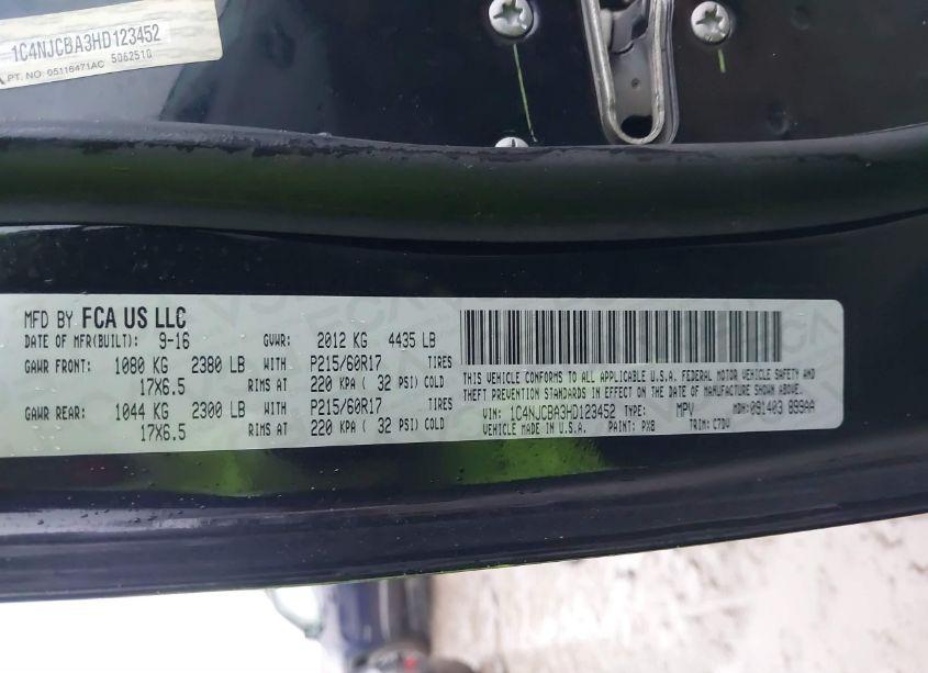 Photo 9 of 2017 Jeep Compass SPORT FWD (VIN 1C4NJCBA3HD123452)