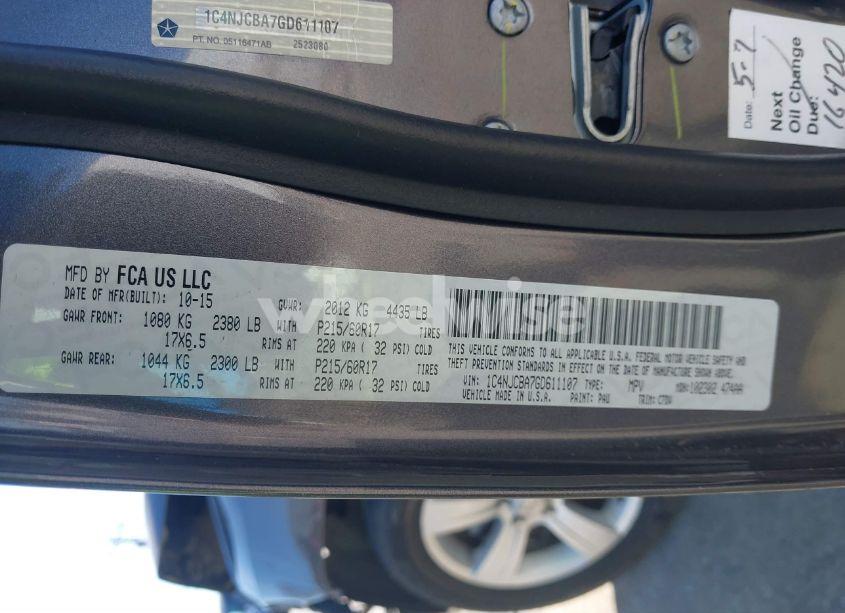 Photo 9 of 2016 Jeep Compass SPORT (VIN 1C4NJCBA7GD611107)