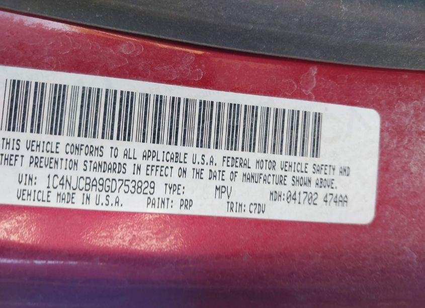 Photo 9 of 2016 Jeep Compass SPORT (VIN 1C4NJCBA9GD753829)