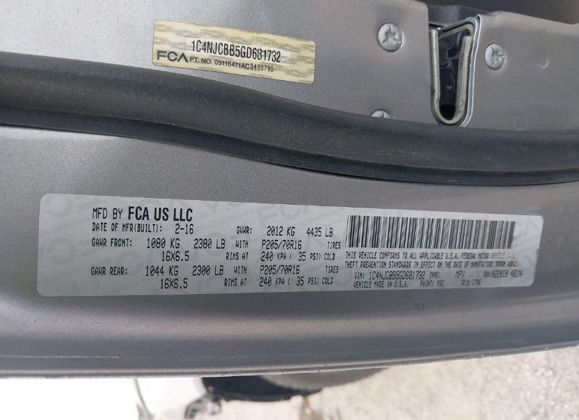 Photo 9 of 2016 Jeep Compass SPORT (VIN 1C4NJCBB5GD681732)