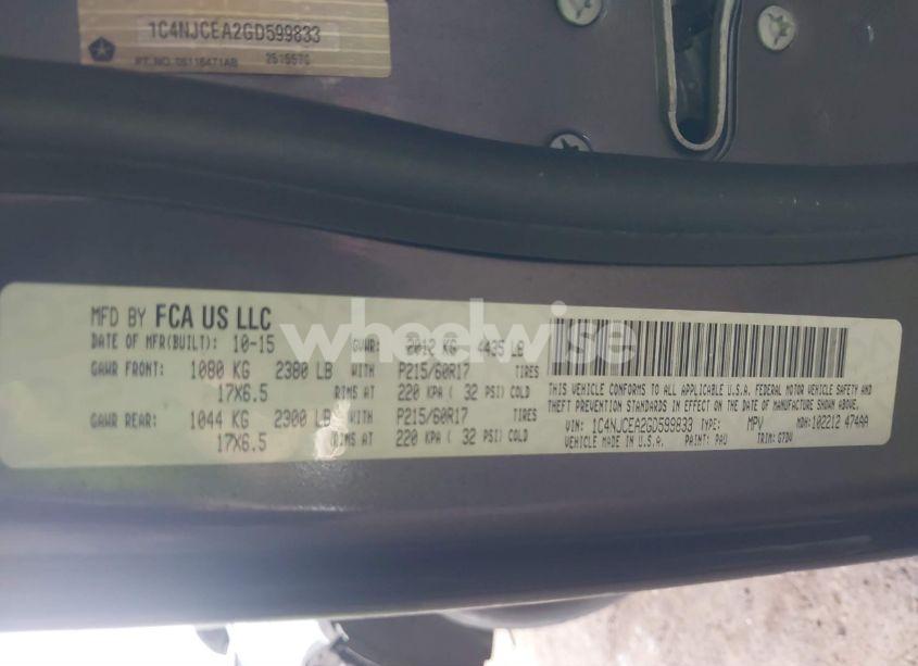 Photo 9 of 2016 Jeep Compass LATITUDE (VIN 1C4NJCEA2GD599833)