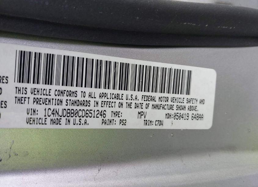 Photo 9 of 2012 Jeep Compass SPORT (VIN 1C4NJDBB0CD651246)