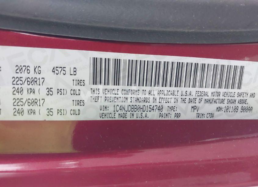 Photo 9 of 2017 Jeep Compass SPORT 4X4 (VIN 1C4NJDBB0HD154740)