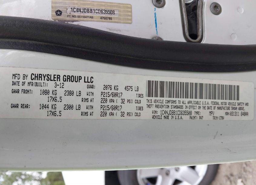 Photo 9 of 2012 Jeep Compass SPORT (VIN 1C4NJDBB1CD635508)