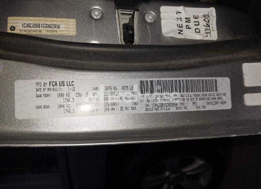 Photo 9 of 2016 Jeep Compass SPORT (VIN 1C4NJDBB1GD662956)