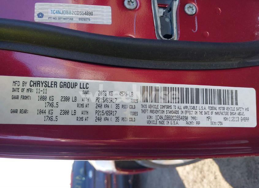 Photo 9 of 2012 Jeep Compass SPORT (VIN 1C4NJDBB2CD554890)