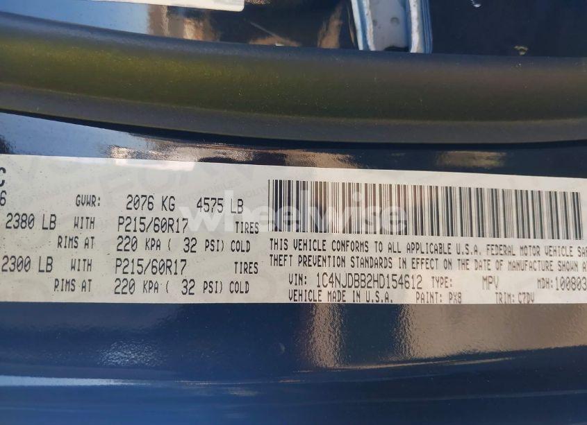 Photo 9 of 2017 Jeep Compass SPORT 4X4 (VIN 1C4NJDBB2HD154612)