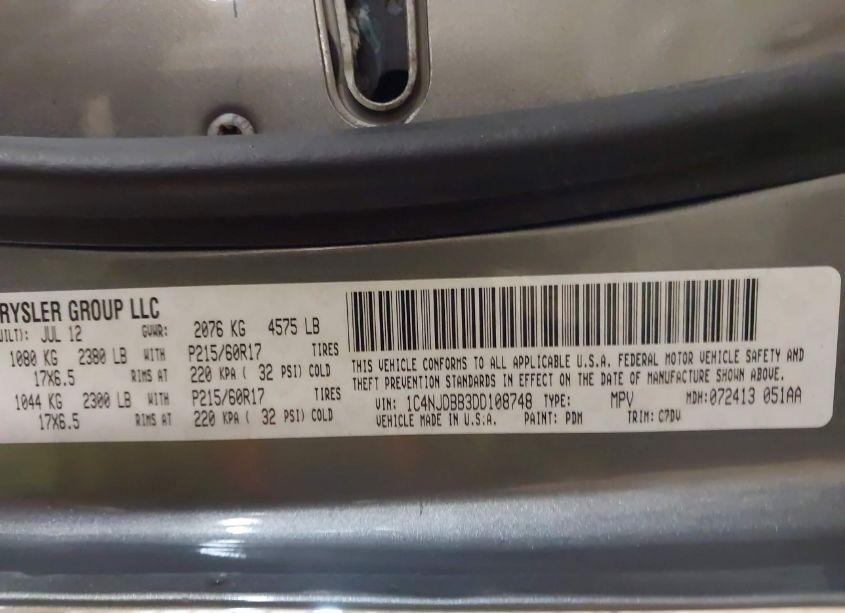 Photo 9 of 2013 Jeep Compass SPORT (VIN 1C4NJDBB3DD108748)