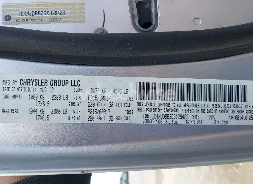 Photo 9 of 2013 Jeep Compass SPORT (VIN 1C4NJDBB3DD129423)