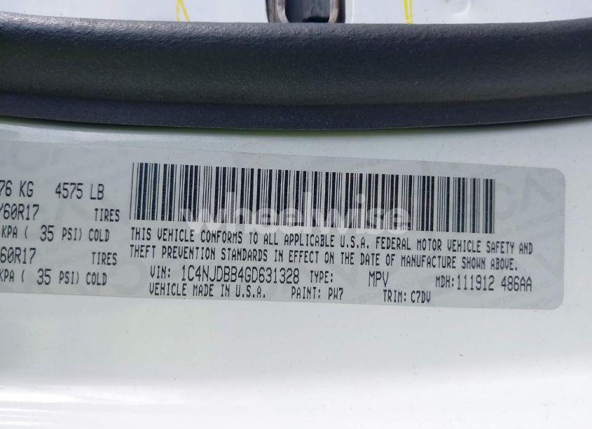 Photo 9 of 2016 Jeep Compass SPORT (VIN 1C4NJDBB4GD631328)