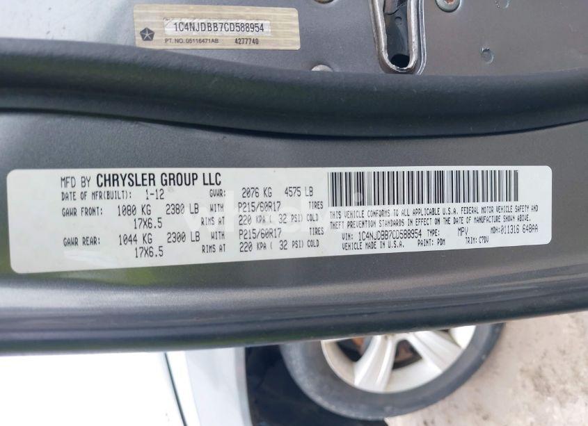 Photo 9 of 2012 Jeep Compass SPORT (VIN 1C4NJDBB7CD588954)