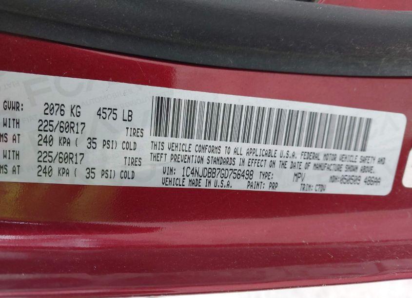 Photo 9 of 2016 Jeep Compass SPORT (VIN 1C4NJDBB7GD756498)