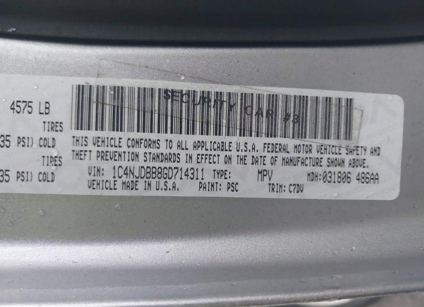 Photo 9 of 2016 Jeep Compass SPORT (VIN 1C4NJDBB8GD714311)