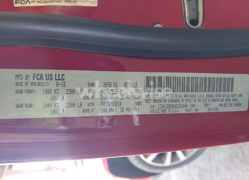 Photo 9 of 2017 Jeep Compass SPORT SE 4X4 (VIN 1C4NJDBB9HD151044)