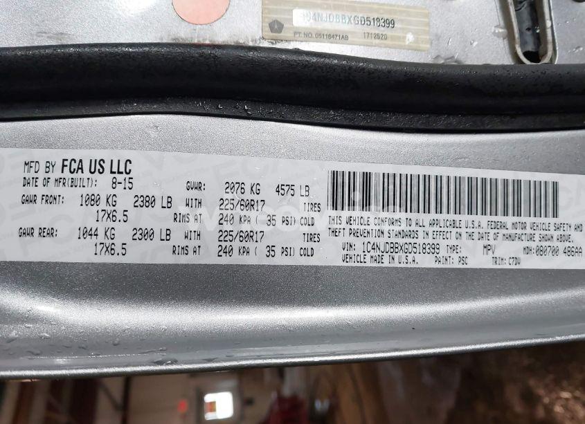 Photo 9 of 2016 Jeep Compass SPORT (VIN 1C4NJDBBXGD518399)