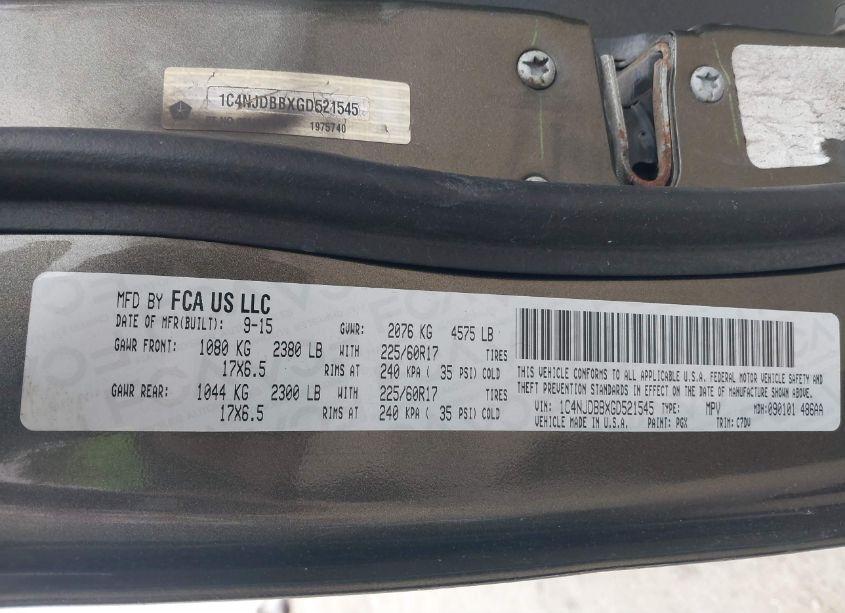 Photo 9 of 2016 Jeep Compass SPORT (VIN 1C4NJDBBXGD521545)