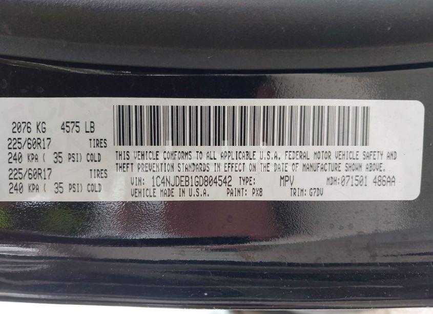 Photo 9 of 2016 Jeep Compass LATITUDE (VIN 1C4NJDEB1GD804542)