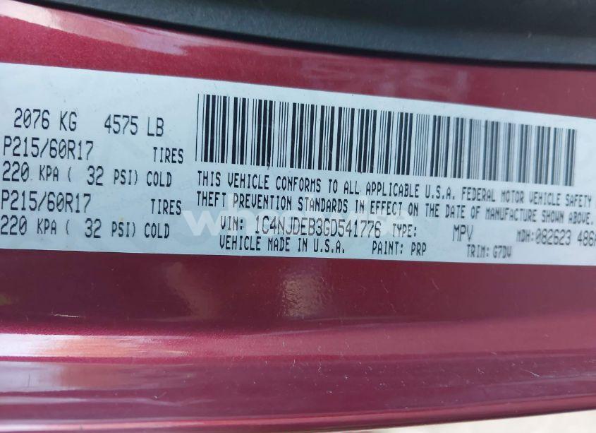 Photo 9 of 2016 Jeep Compass LATITUDE (VIN 1C4NJDEB3GD541776)