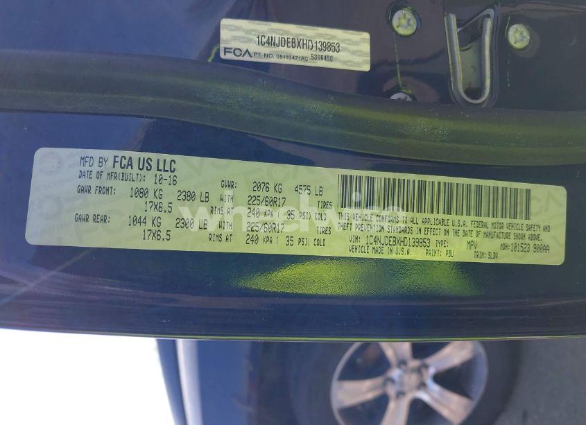 Photo 9 of 2017 Jeep Compass HIGH ALTITUDE 4X4 (VIN 1C4NJDEBXHD139853)
