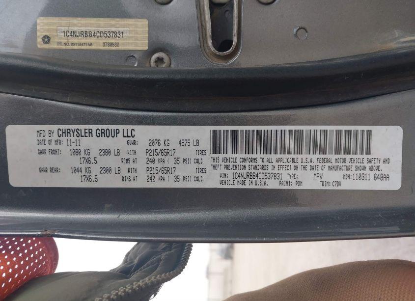 Photo 9 of 2012 Jeep Patriot SPORT (VIN 1C4NJRBB4CD537831)