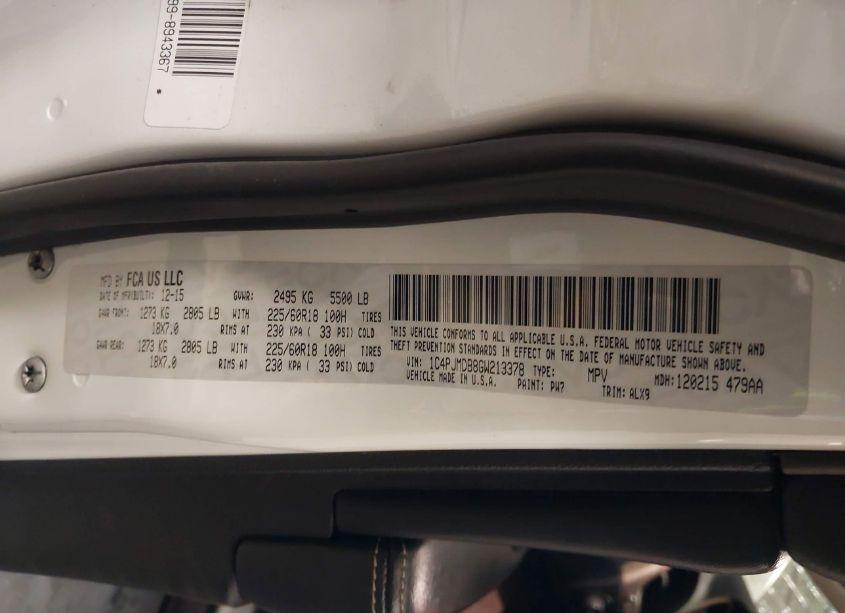 Photo 9 of 2016 Jeep Cherokee LIMITED (VIN 1C4PJMDB8GW213378)