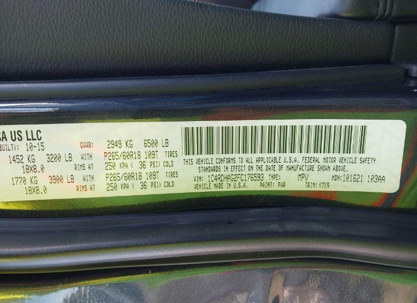 Photo 9 of 2015 Dodge Durango SXT (VIN 1C4RDHAG2FC176593)