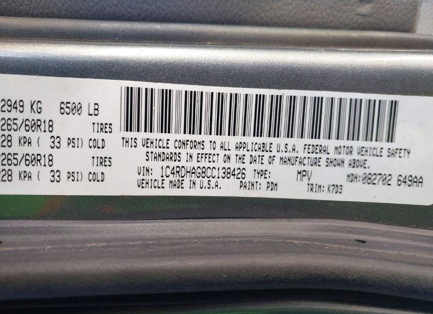 Photo 9 of 2012 Dodge Durango SXT (VIN 1C4RDHAG8CC138426)