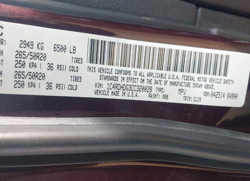 Photo 9 of 2012 Dodge Durango CREW (VIN 1C4RDHDG3CC320028)