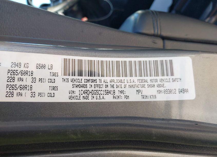 Photo 9 of 2012 Dodge Durango CREW (VIN 1C4RDHDG5CC158418)