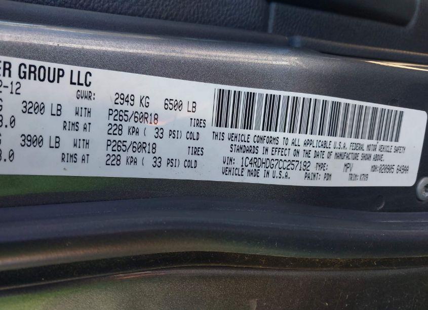 Photo 9 of 2012 Dodge Durango CREW (VIN 1C4RDHDG7CC257192)