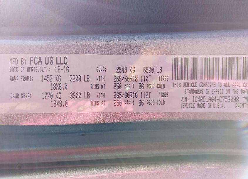 Photo 9 of 2017 Dodge Durango SXT AWD (VIN 1C4RDJAG4HC753098)