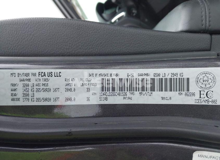 Photo 9 of 2016 Dodge Durango LIMITED (VIN 1C4RDJDG5GC481526)