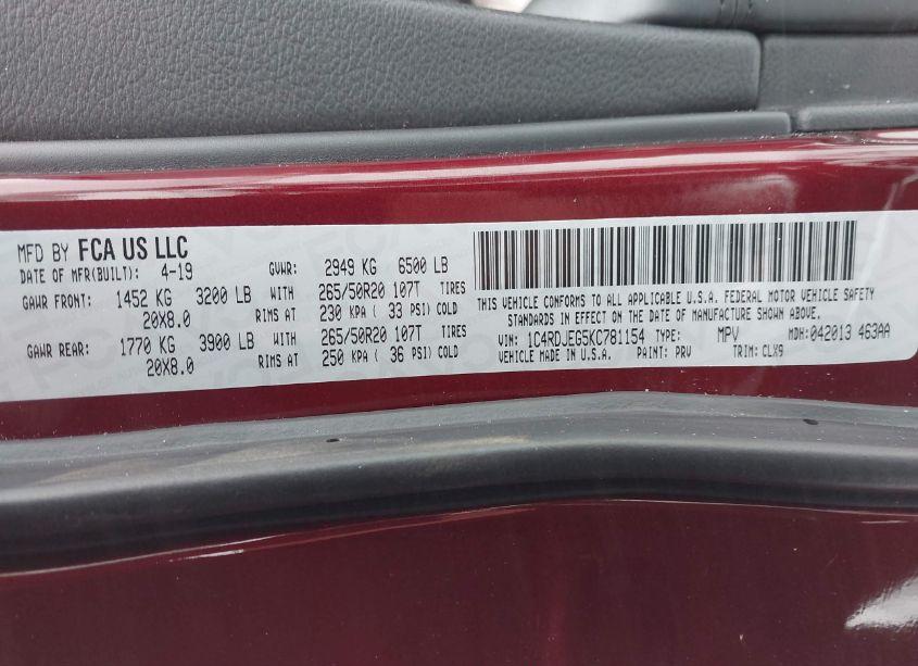 Photo 9 of 2019 Dodge Durango CITADEL AWD (VIN 1C4RDJEG5KC781154)