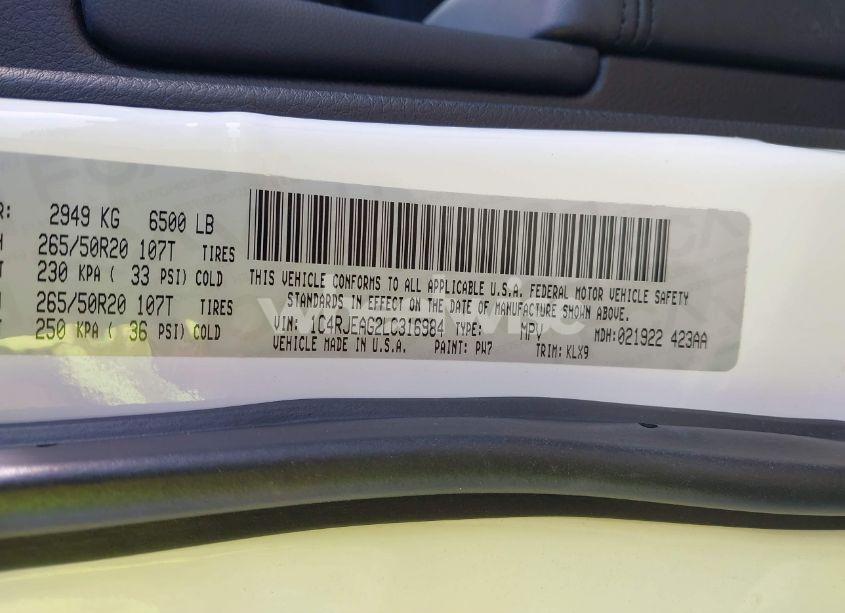 Photo 9 of 2020 Jeep Grand CHEROKEE ALTITUDE 4X2 (VIN 1C4RJEAG2LC316984)