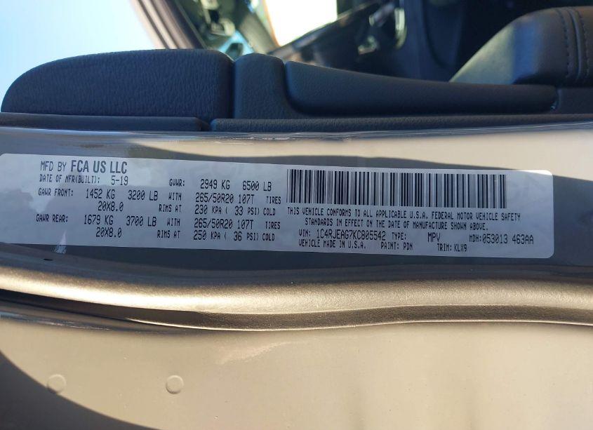 Photo 9 of 2019 Jeep Grand CHEROKEE ALTITUDE 4X2 (VIN 1C4RJEAG7KC805542)