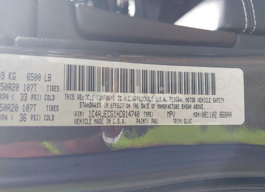 Photo 9 of 2017 Jeep Grand CHEROKEE OVERLAND 4X2 (VIN 1C4RJECG1HC614740)