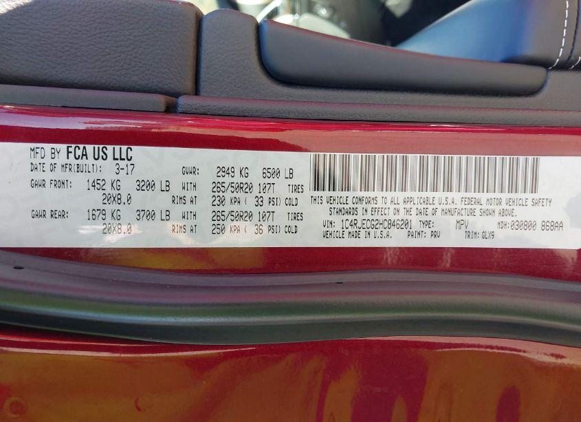 Photo 9 of 2017 Jeep Grand CHEROKEE OVERLAND 4X2 (VIN 1C4RJECG2HC846201)